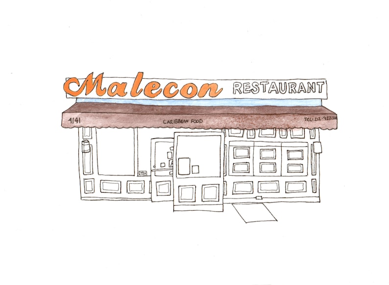 Malecon, 2020 Restaurant Illustration, 175th Street, Washington Heights, Manhattan, New York City, Watercolor Print image 1