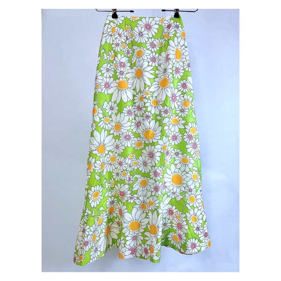 Lime Green Psychedelic Daisy Vtg Maxi Skirt - image 3