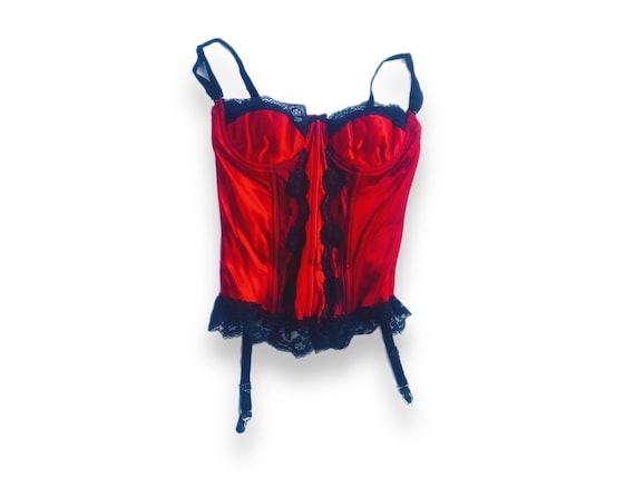 Vintage 80s Red and Black Satin and Lace Bustier - image 1