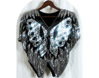 70s Silver Sequined Silk Sparkly Butterfly Top