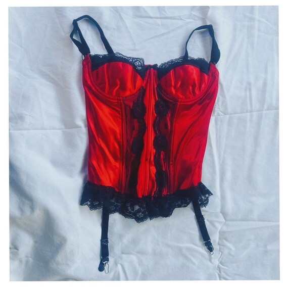 Vintage 80s Red and Black Satin and Lace Bustier - image 2