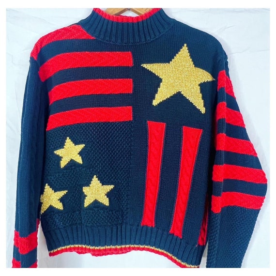 Vintage 90s Black and Red Cable Knit Gold Star Sw… - image 3