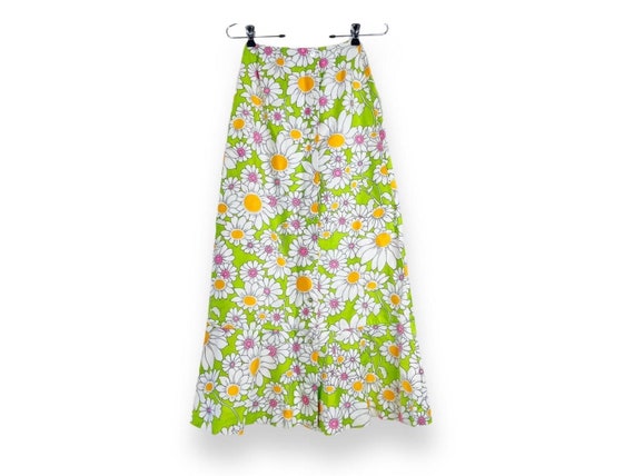 Lime Green Psychedelic Daisy Vtg Maxi Skirt - image 1