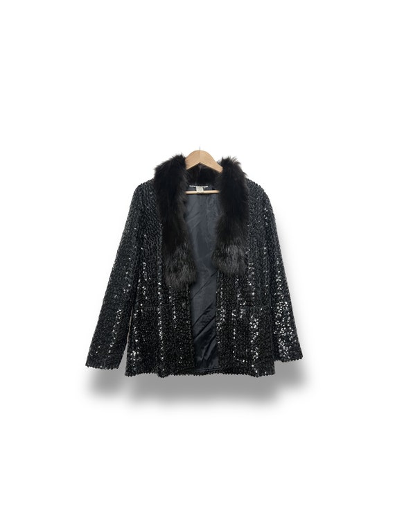 Mid Century Black Sequin Cardigan with Fur Collar