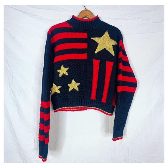 Vintage 90s Black and Red Cable Knit Gold Star Sw… - image 2