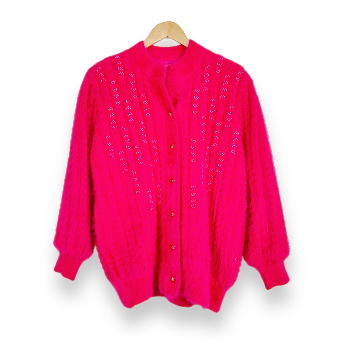 Maximalist Cardigans Hot Pink Maximalist Angora Beaded Vintage Cardigan - Etsy