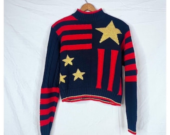 Vintage 90s Black and Red Cable Knit Gold Star Sweater