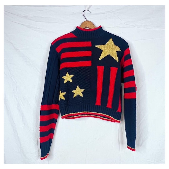 Vintage 90s Black and Red Cable Knit Gold Star Sw… - image 1