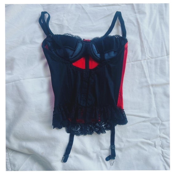 Vintage 80s Red and Black Satin and Lace Bustier - image 5