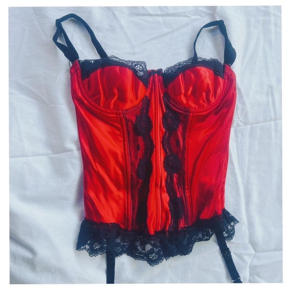 Vintage 80s Red and Black Satin and Lace Bustier - image 3