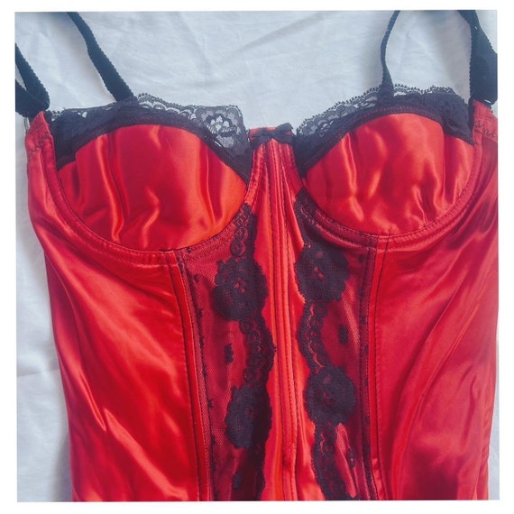 Vintage 80s Red and Black Satin and Lace Bustier - image 4