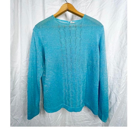 French 70s VTG Silver and Blue Sparkly Silk Knit … - image 4