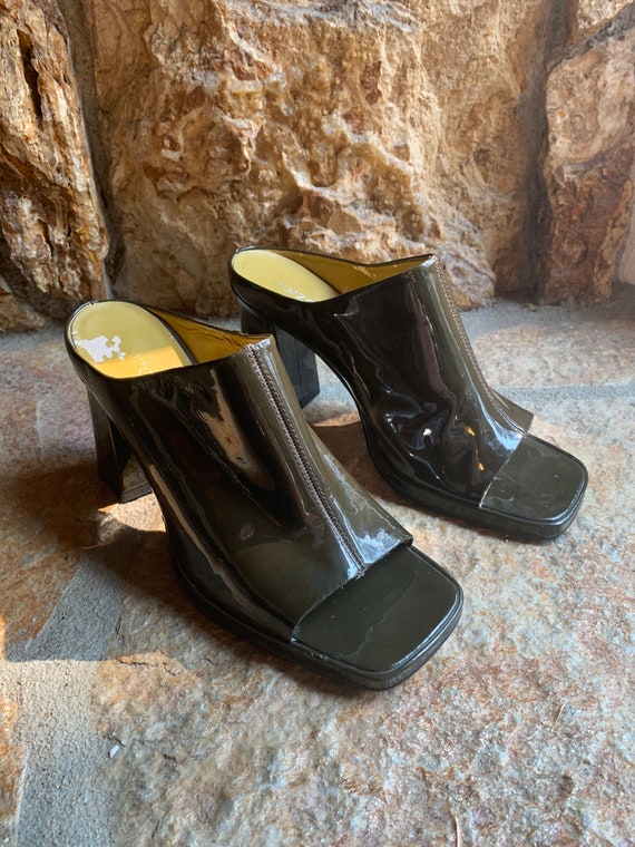 Moss Green Patent Leather Block Heel Open Toe Mule