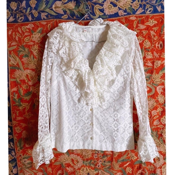 White Laced Daisy Diamond Checked Blouse  60s VTG… - image 2