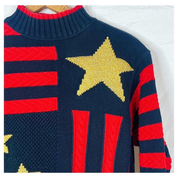 Vintage 90s Black and Red Cable Knit Gold Star Sw… - image 6