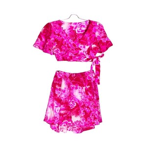 Hot Pink Retro Floral Tropic 2 Pc Matching Crop Top and Bubble Skirt Set