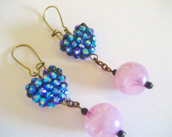 Heart and Ball drop earrings Pave' aurora borealis rhinestone heart and marbled acrylic ball Dangle Earrings