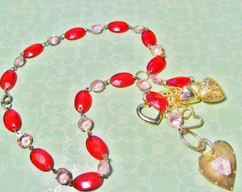 Upcycled Hearts of Gold Set- Heart Bracelet, Heart Necklace, and Hesrt Earrings Demi Parure.