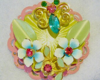 Upcycled Flower Necklace Vintage Style Upcycled "Summer Butterfly and Blooms" Pendant