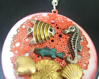 Upcycled Sand Dollar Coral Fish Seahorse Necklace Pendant :Happy Seas" Pendant Ocean Beach style