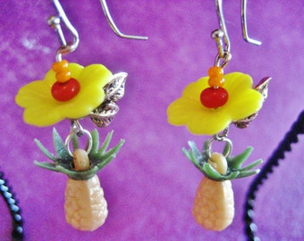 Hula Girl Hibiscus and Pineapple Hawaiian Luau style earrings