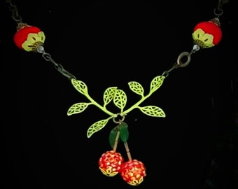 Cherry necklace Rockabilly Vintage and New components Pave' cherries Handcrafted Vintage Style