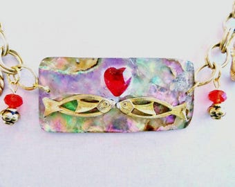Abalone Crystal Necklace- "KISSING FISH" Upcycled Necklace.