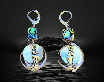 Mermaid in Moonlight Earrings Abalone with silver tone lever backs.