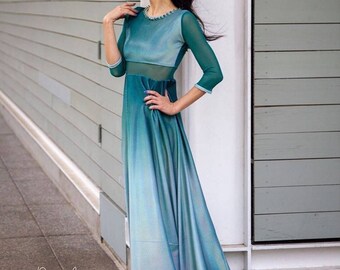 Ombre Prom Dress Green Teal Silver Holographic Rainbow Iridescent Dress Large Velvet Dresses for Women Long Evening Gown