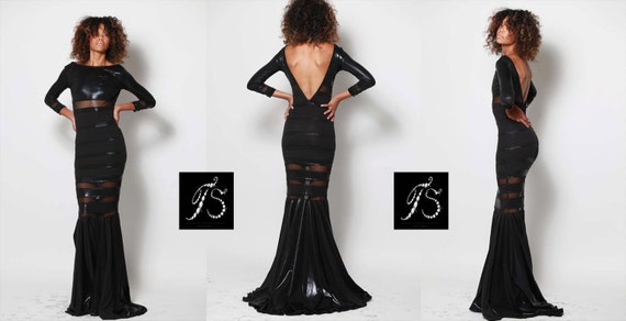 Long Sexy Black Dress Dress Long Sleeve Dress With Train Etsy