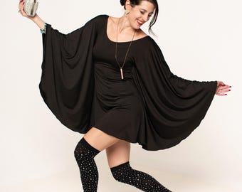 Black Bat Dress - Short Length, Wide Wings Sleeves