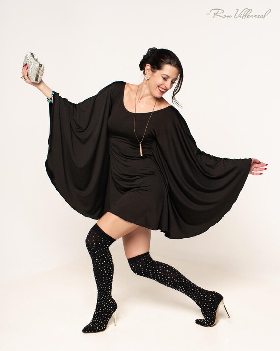 bat sleeve black dress Bat Trumpet Sleeve Dress  DraculaClothing