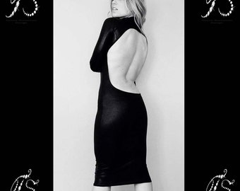 Black Backless Dress Open Back Dresses Midi Dress Long Sleeve Black Holographic Clothing Sexy Club Dress Shiny