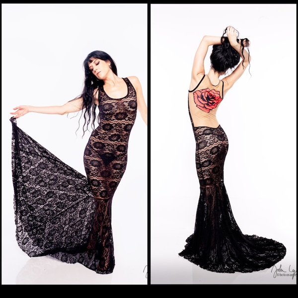 Red Rose Dress Black Lace Gown Sheer Dresses Designer Gowns Gothic Prom Dress with Train