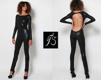 Sexy Catsuit for Women Black Holographic Shiny Bodysuit Costume Backless Outfit Disco Jumpsuit Festival Clothes Open Back Overall Womens