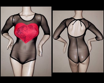 See Through Bodysuit Wedding Aesthetic Lingerie Transparent Black Playsuit Elbow Long Sleeve Jumpsuit Red Heart Sexy Clothes Sheer Bodysuits