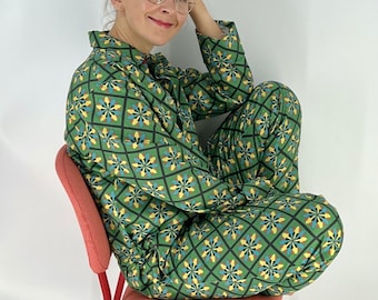 Organic Cotton Satin Pajama Set: Green Tile Print Loungewear