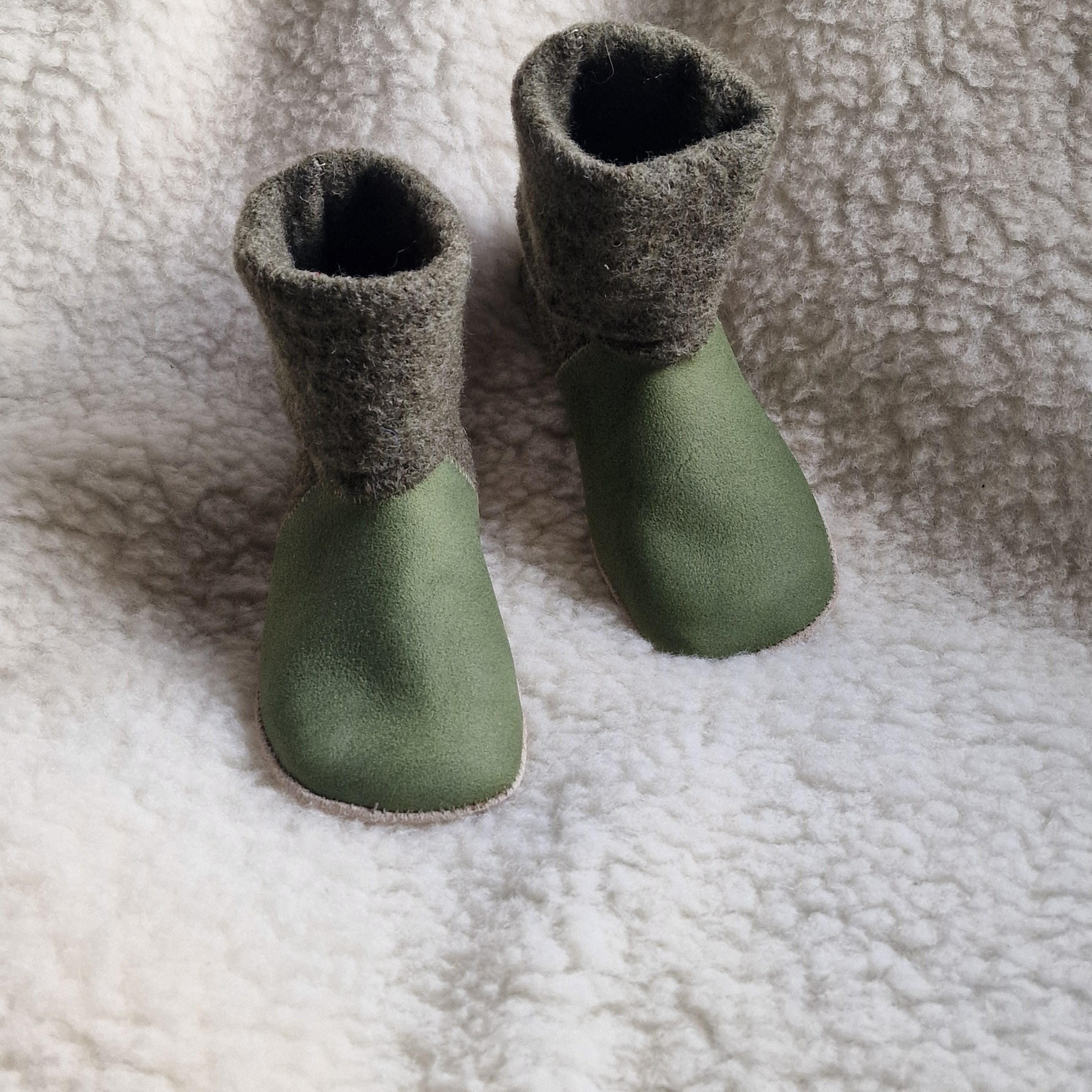 Green Leather & Boiled Wool Slipper Boots: Kids Eco-Friendly Indoor Shoes