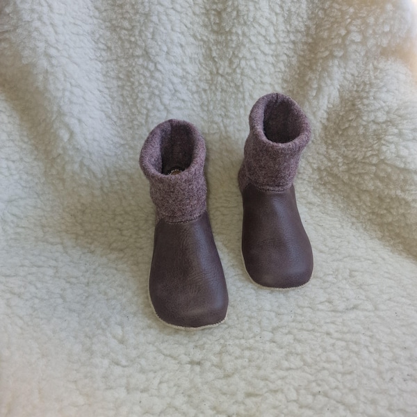 Kids Brown Leather Slipper Boots: Eco-Friendly Boiled Wool Indoor Shoes