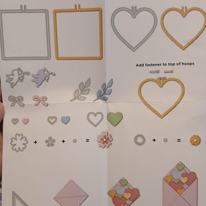 May include: A Valentine's Day instruction sheet with various die-cut shapes, including hearts, flowers, and envelopes. The sheet includes the text "VALENTINES INSTRUCTION SHEET" and instructions for assembling the die-cut shapes.