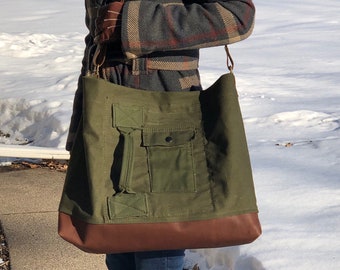 Authentic Re-purposed Military Canvas Leather Tote Bag - 035