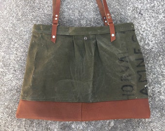 Re-purposed Canvas Military Army Green Leather Shoulder Bag - 031