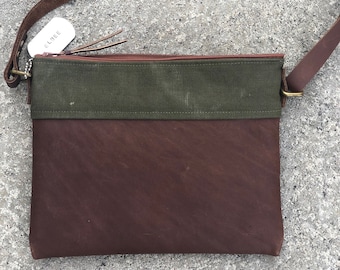 Re-purposed Canvas Military Army Green Brown Leather Crossbody - 044