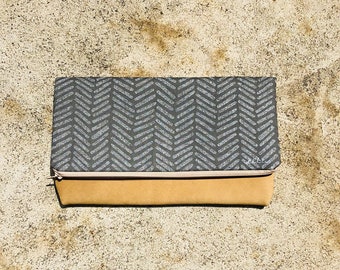 Large Herringbone Leather Foldover Clutch