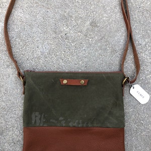 Re-purposed Canvas Military Army Green Leather Crossbody Bag 040 image 2
