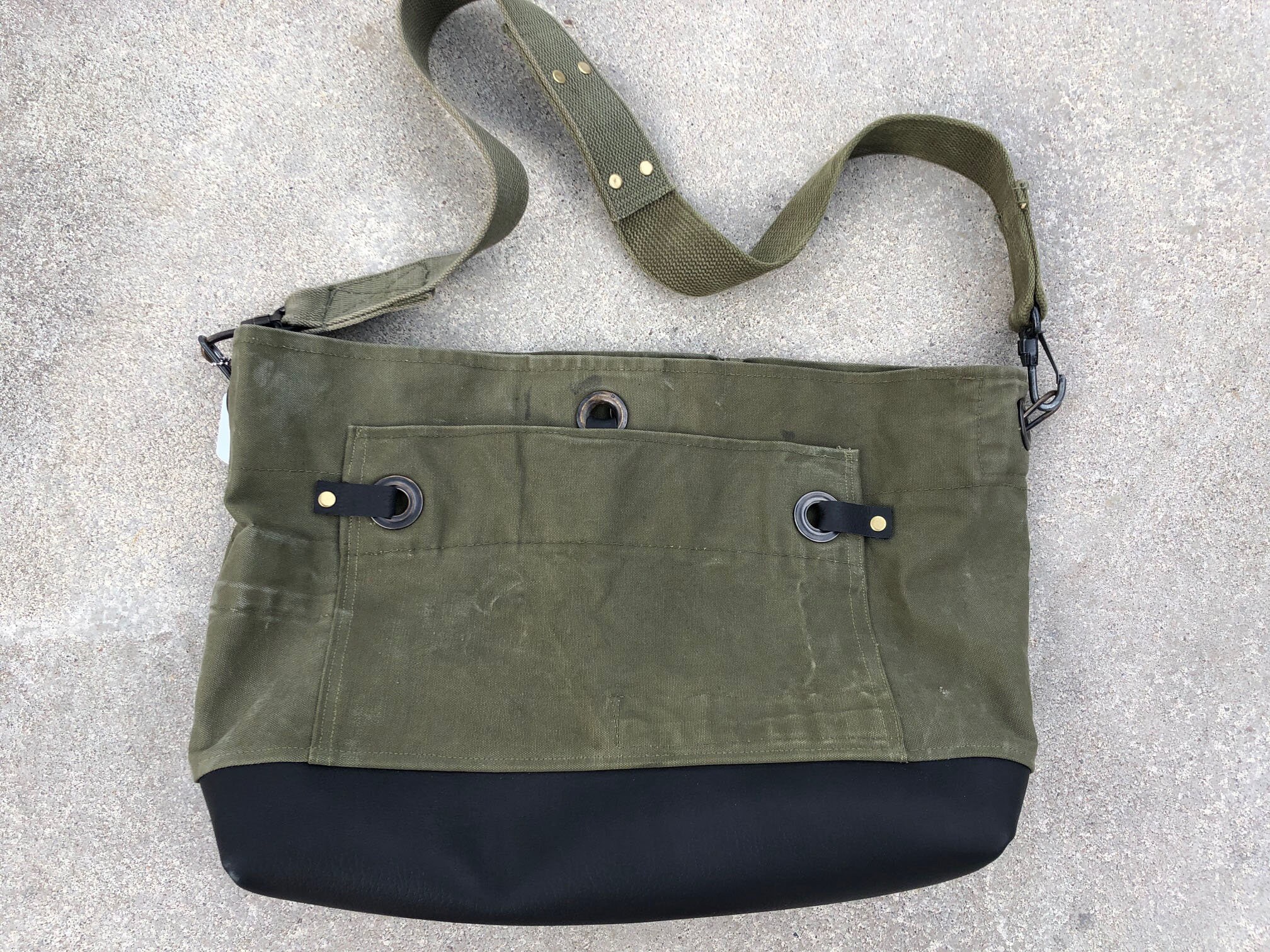 Repurposed Canvas Military Army Green Black Leather Tote Bag 043