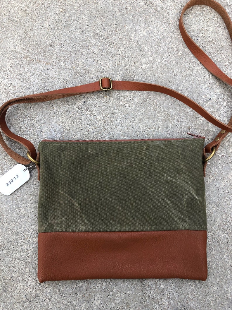 Re-purposed Canvas Military Army Green Leather Crossbody Bag 040 image 3