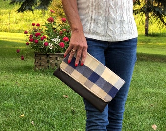 Large Brown and Navy Plaid Foldover Leather Clutch