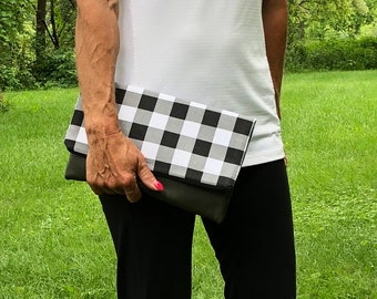 Large Black & White Plaid Leather Clutch