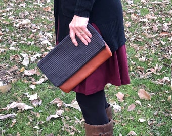 Large Black & Gray Houndstooth Leather Clutch